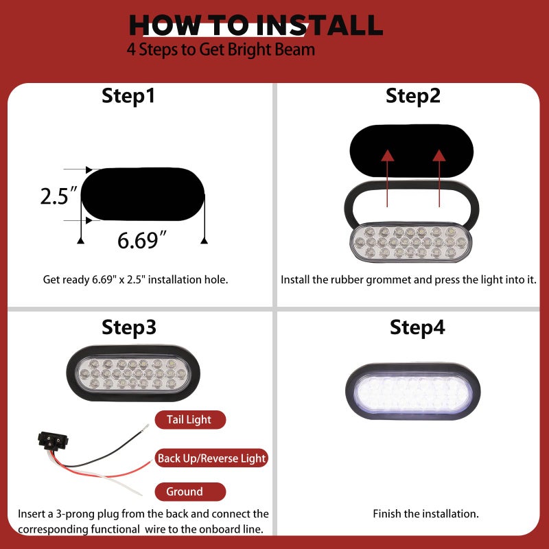 NEW SUN 6 Inch Oval LED Trailer Lights - 21 LED Ultra Bright Tail Light Kit with Surface Mount Grommets, Watertight 3-Prong Plug Reverse IP 67 Waterproof Light Clear Lens for RV, Truck, Jeep, 2 Pcs - Image 4